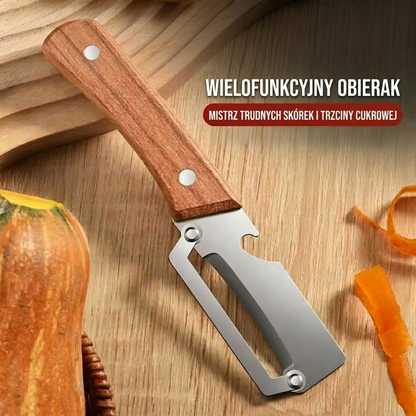 Wielofunkcyjna obieraczka do warzyw 2-in-1 ze stali nierdzewnej | Drewniana rączka i otwieracz do butelek