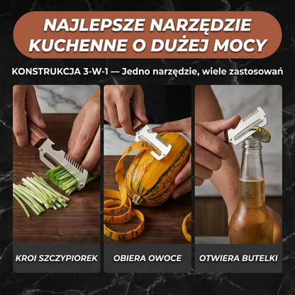Wielofunkcyjna obieraczka do warzyw 2-in-1 ze stali nierdzewnej | Drewniana rączka i otwieracz do butelek