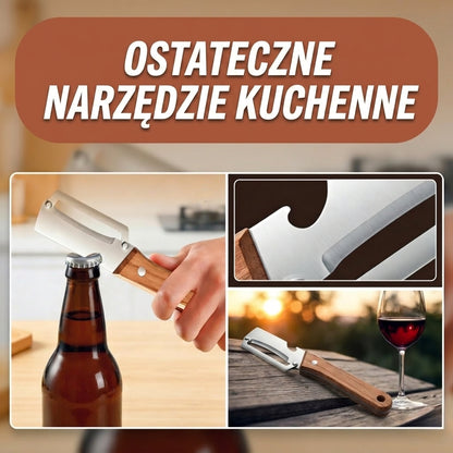 Wielofunkcyjna obieraczka do warzyw 2-in-1 ze stali nierdzewnej | Drewniana rączka i otwieracz do butelek