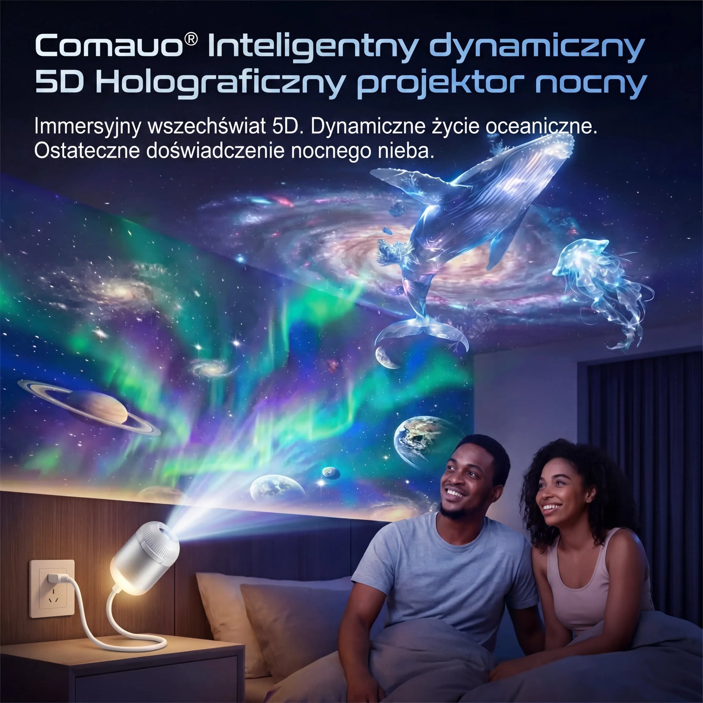 Projektor Gwiazd Holograficzny 5D Comauo® — Inteligentne, dynamiczne światło do pokoju dziecięcego i sypialni 🧸
