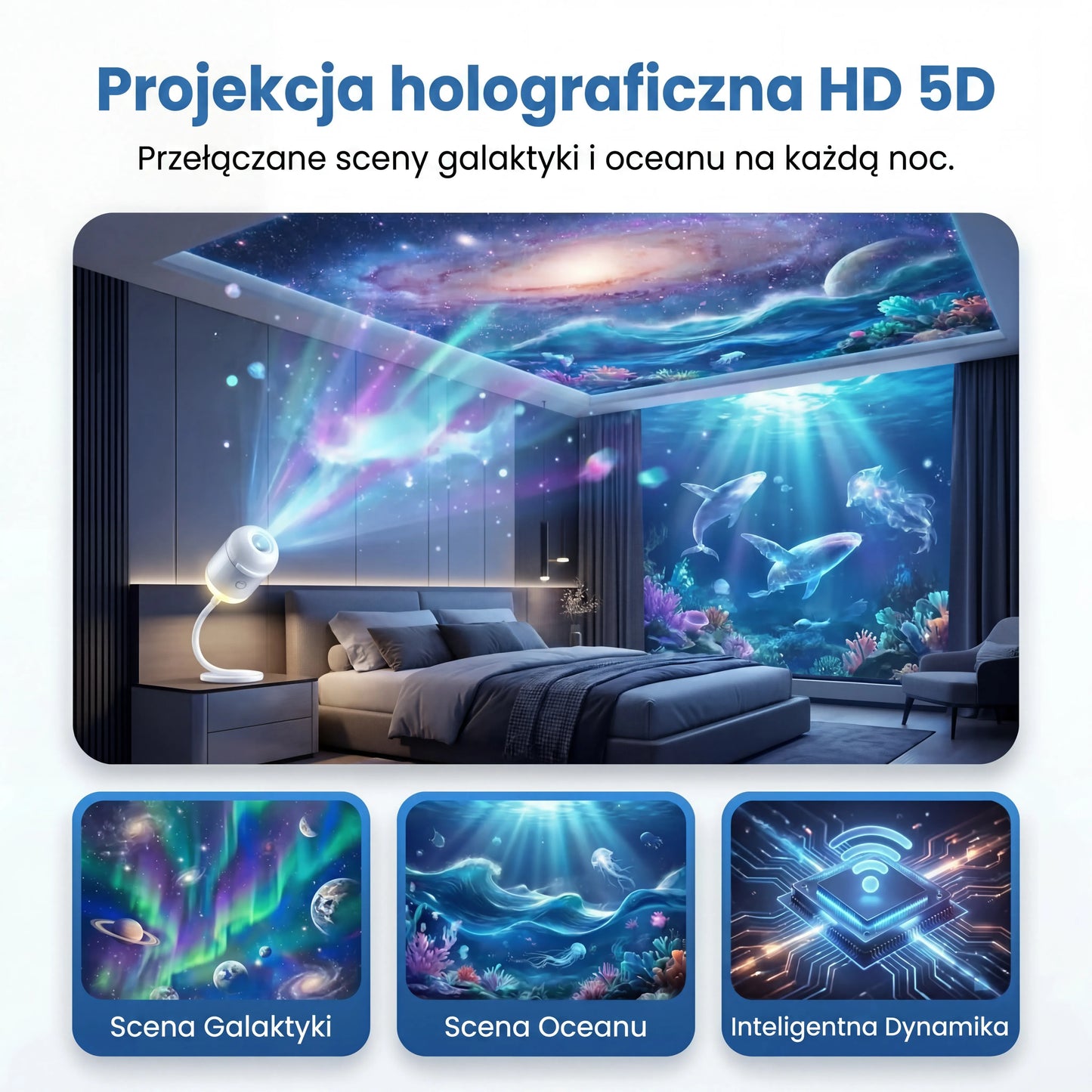 Projektor Gwiazd Holograficzny 5D Comauo® — Inteligentne, dynamiczne światło do pokoju dziecięcego i sypialni 🧸